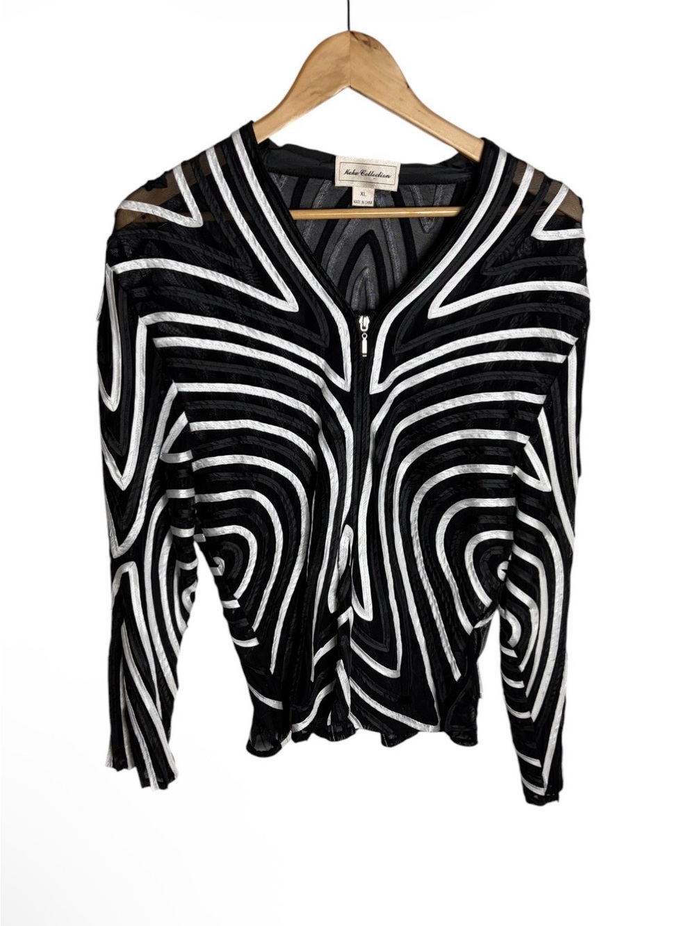 Keke Collection black & white abstract ribbon zip front mesh jacket size XL